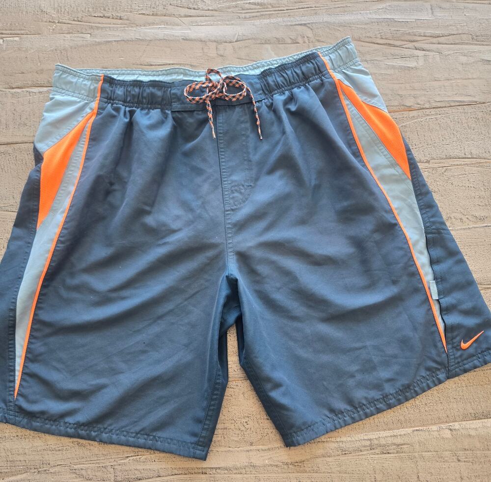Nike Mens Large Swim Trunks Gray Orange Blue Colorblock Mesh Lined Drawstring